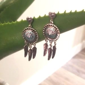 Silver and turquoise colored feather earrings